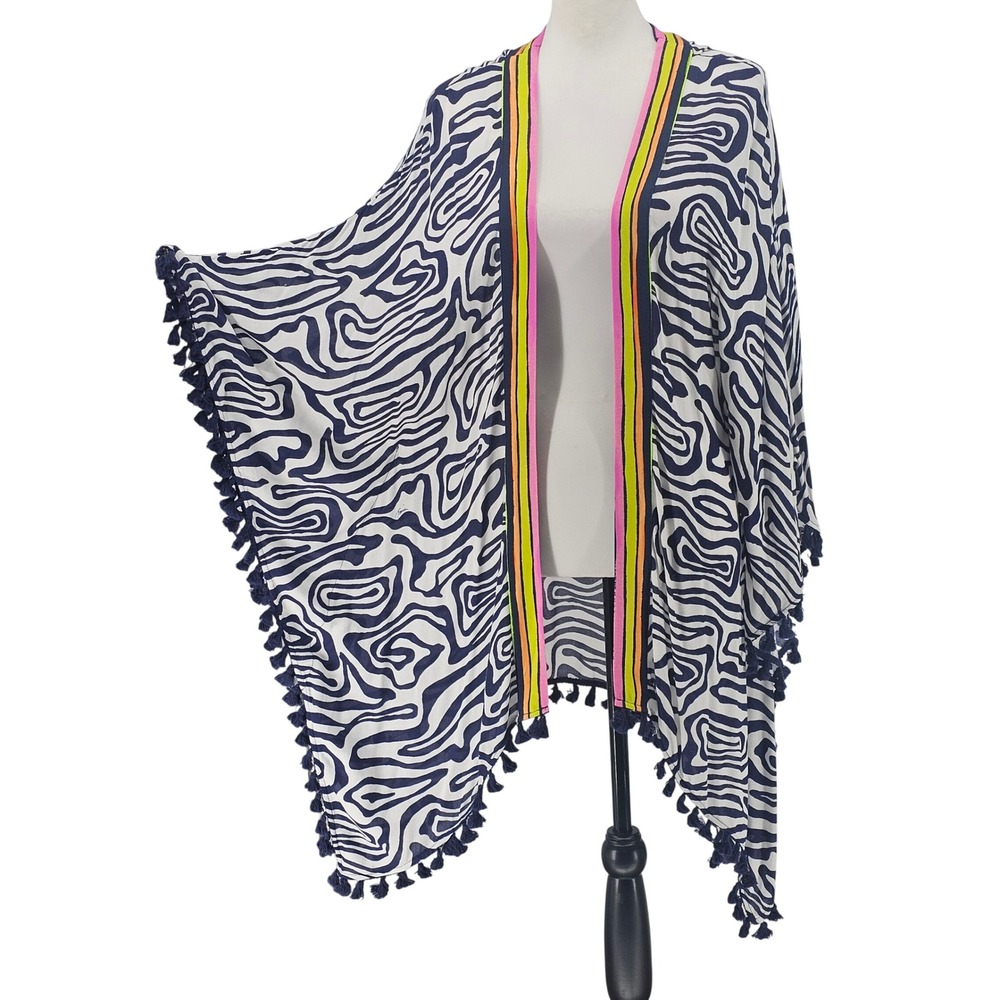 Trina Turk Kimono Wrap Poncho OS Navy White Abstract Tassel Boho Resortwear